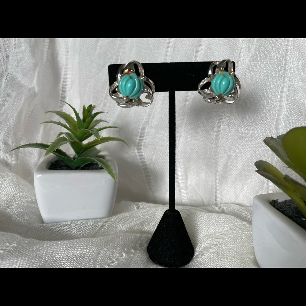 Brown porcupines bead, teal color flower silver tone clip on earrings - 2 pairs